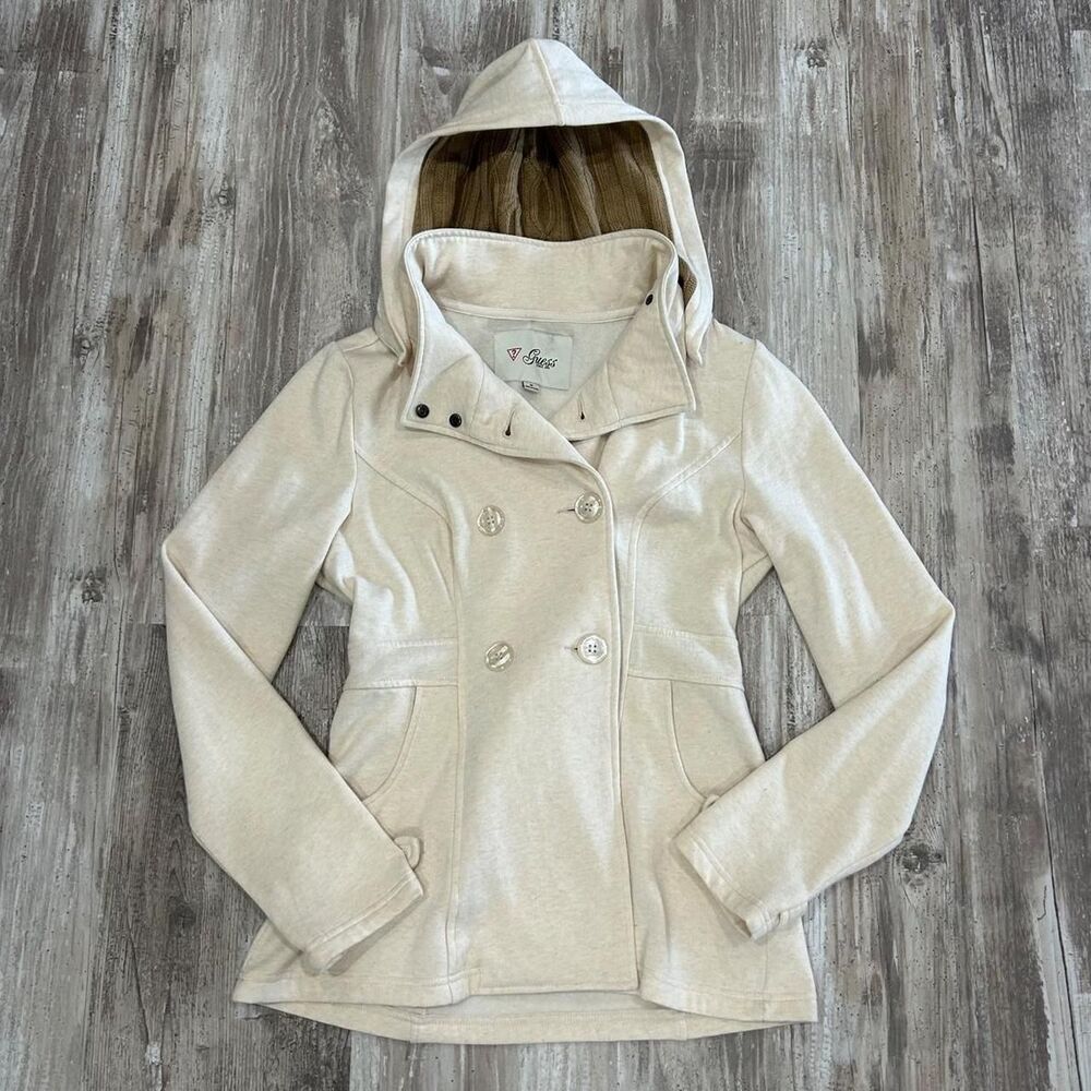 Guess Women's casual preppy outerwear cream peacoat w/ knitted hood + detachable